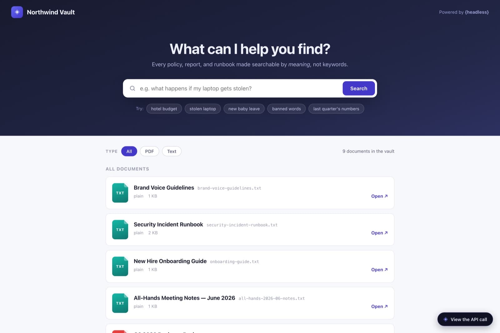 The Northwind Vault demo — a large search box over an internal document library, with example queries and a list of files.