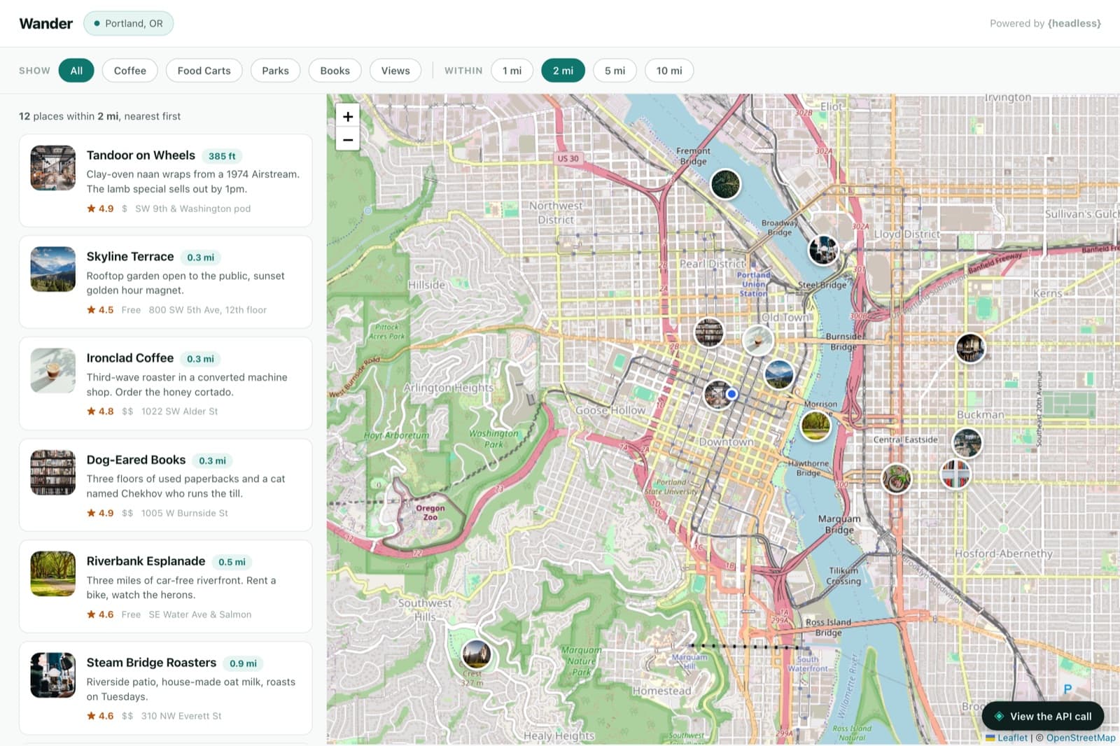 The Wander demo — a scrollable list of nearby places on the left synced with a Leaflet map of Portland with pins on the right.