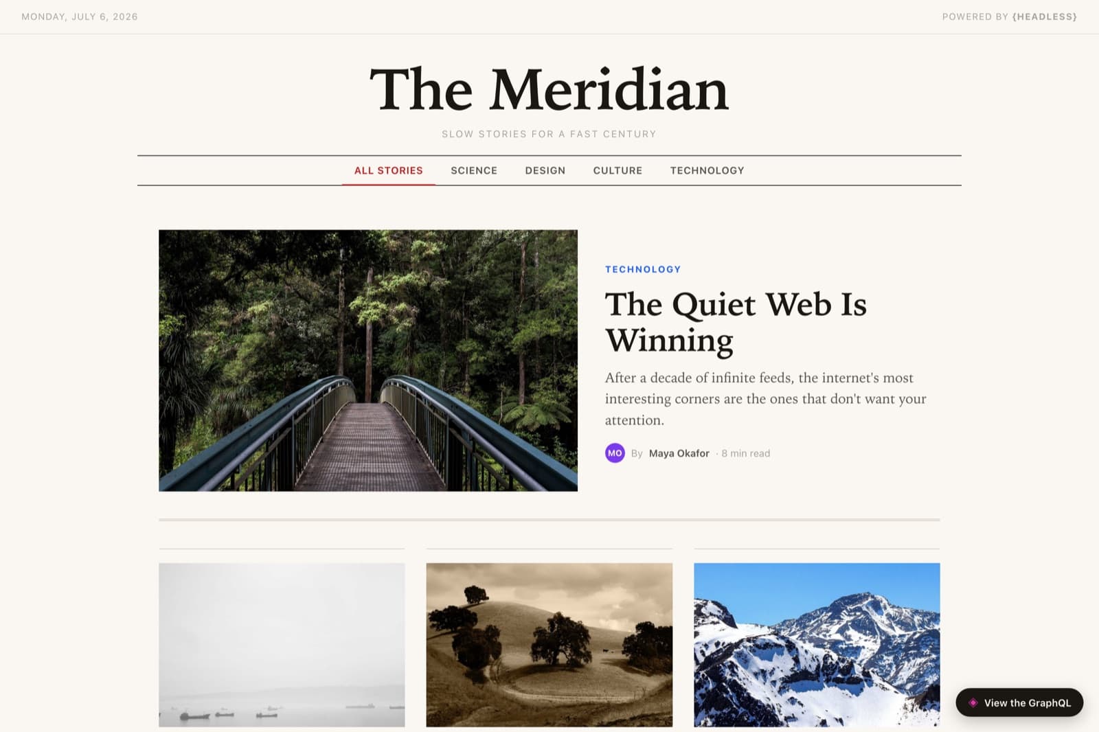 The Meridian demo magazine — a serif masthead, a category nav, a featured story with a photo, and a grid of more stories.