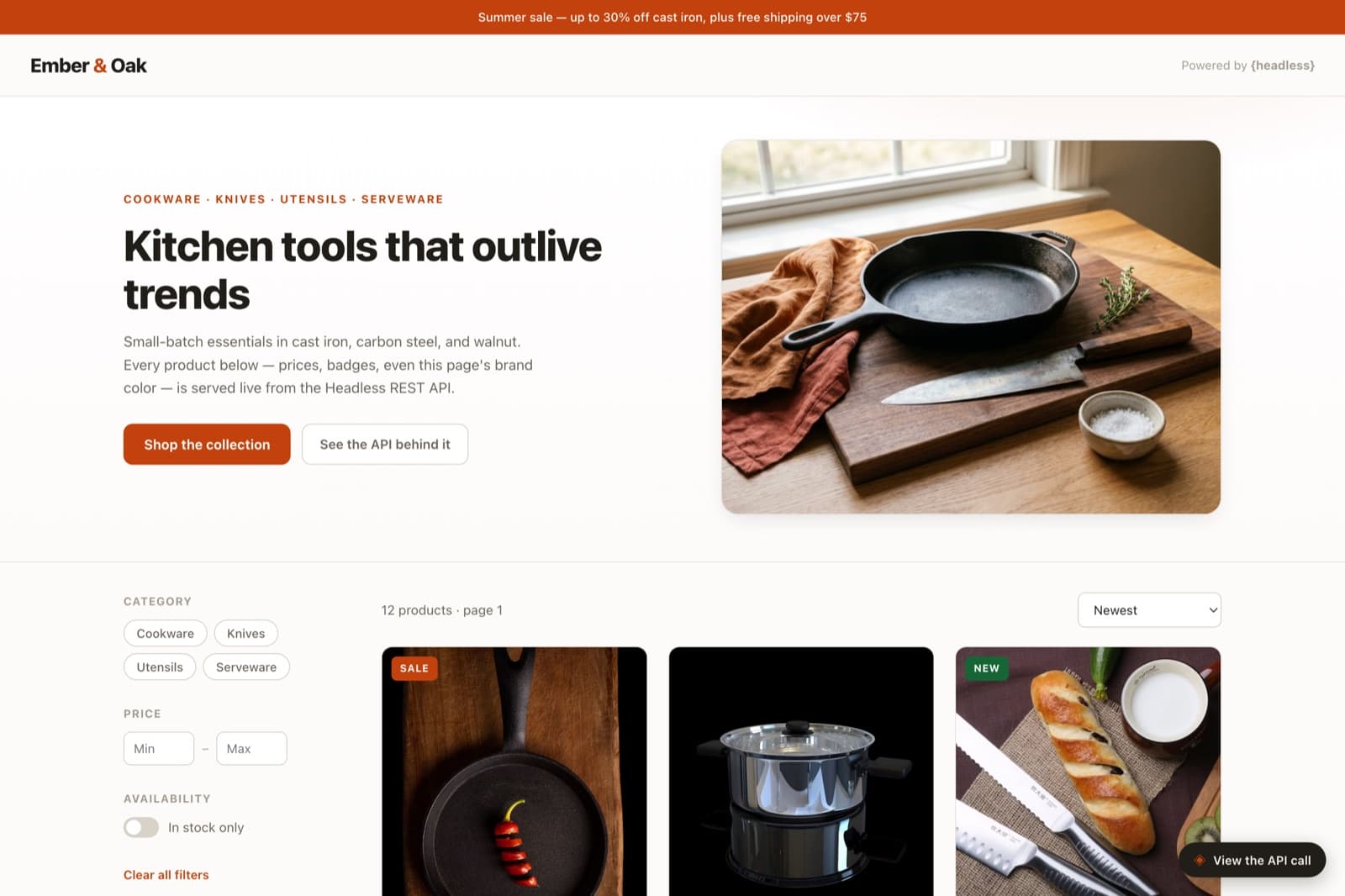 The Ember & Oak demo storefront — an announcement bar, hero, and a product grid with category, price, and stock filters.