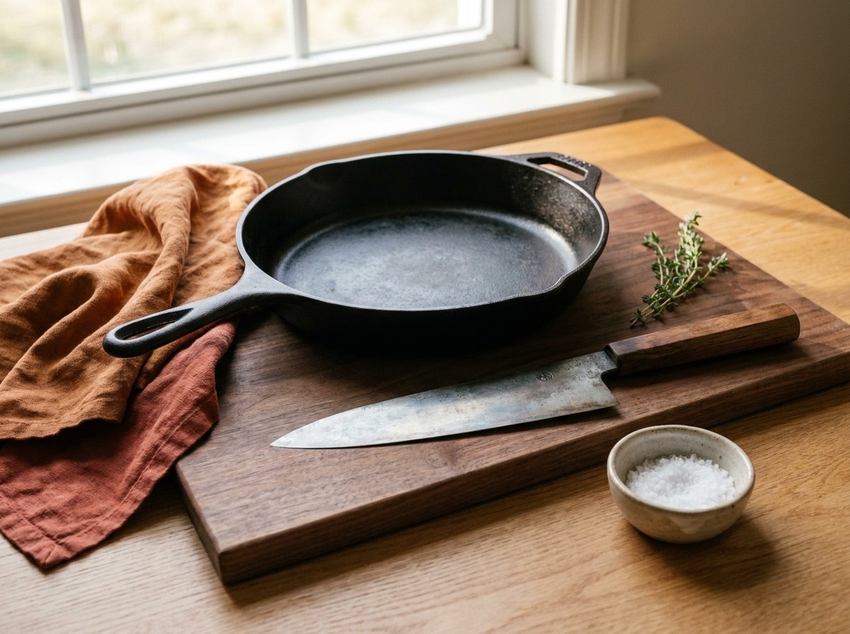 Cast-iron skillet and carbon-steel knife on a walnut cutting board